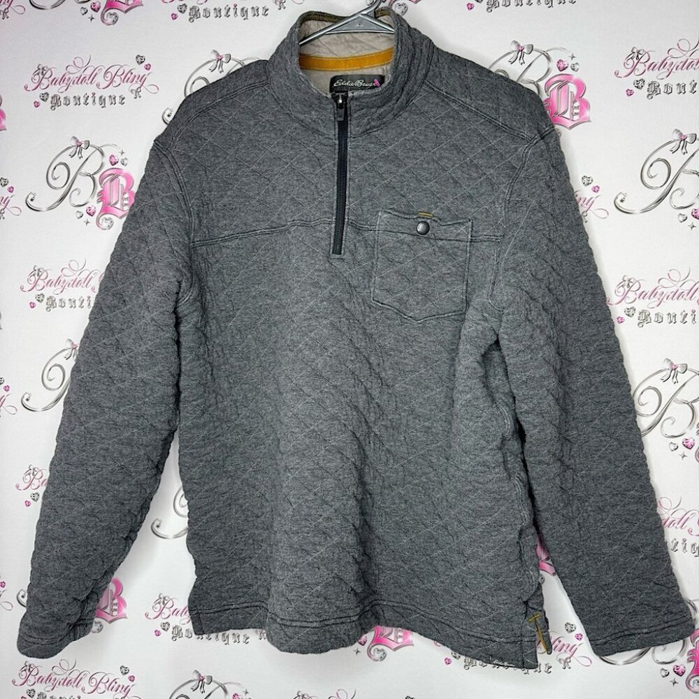 Eddie Bauer jacket pull over quilted sweater grey logos comfy thick warm quilt